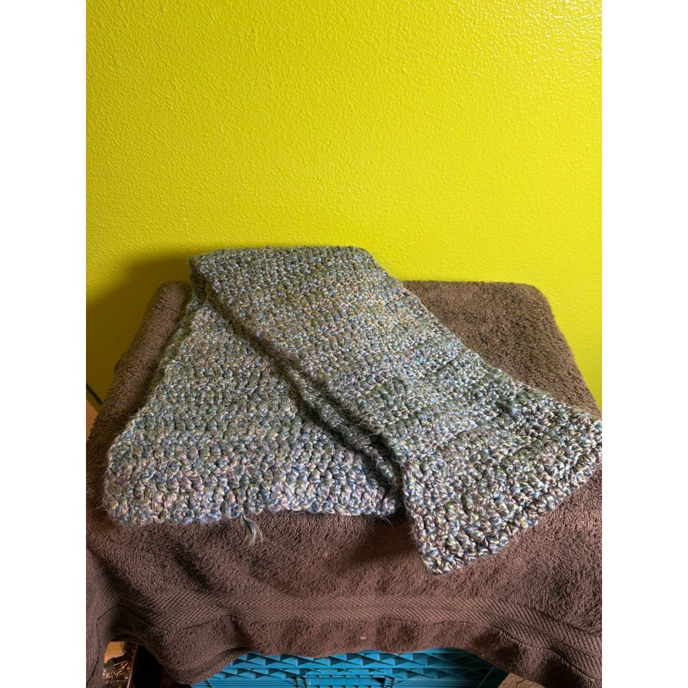 Handmade Chunky Knit Scarf Blue Green Lavender Variegated Crochet Winter Wrap